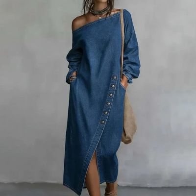 chloe denim dress – – NOVA CHICAGO Champagne & Rose Gold plp-51239 Midi dress Offset hem Slip color:Ivory
